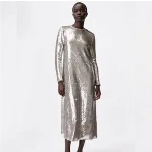 Zara silver sequin long sleeve midi dress size medium